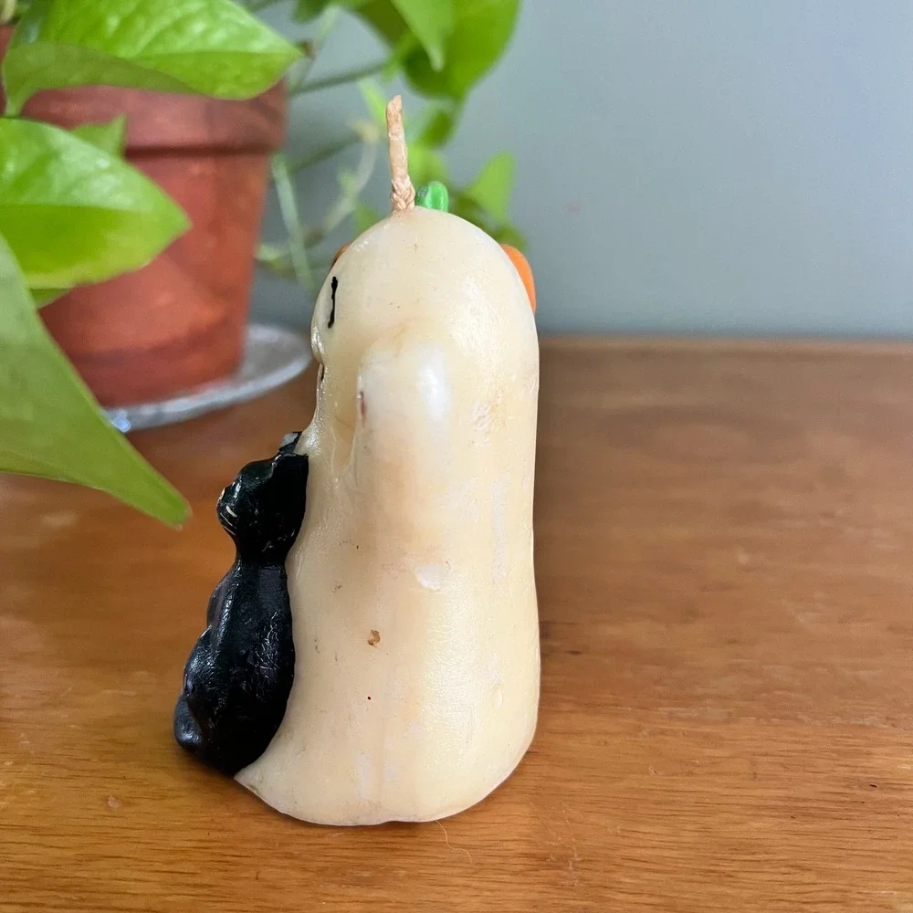 Vintage Halloween Ghost Black Cat Pumpkin Candle 4 Inch Retro Decor